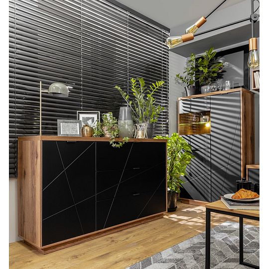 FORN komoda KOM1D3S, dub delano tmavý/černý mat