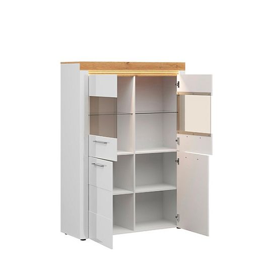 HORTON vitrína REG2D2W, bílý lesk/dub zlatý grandson