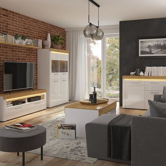 HORTON vitrína REG2D2W, bílý lesk/dub zlatý grandson