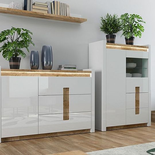 ALAMEDA vitrína REG1W1D2S, bílý lesk/dub westminster