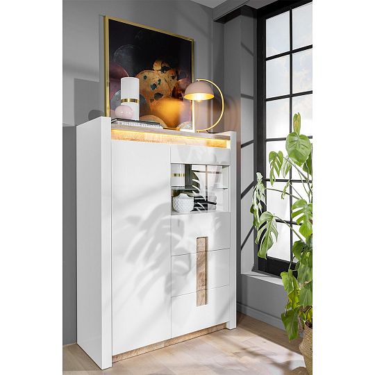 ALAMEDA vitrína REG1W1D2S, bílý lesk/dub westminster