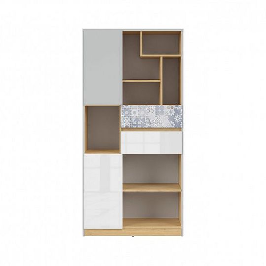 NANDU Regál REG2D2S, šedá/dub polský/bílý lesk/arabeska