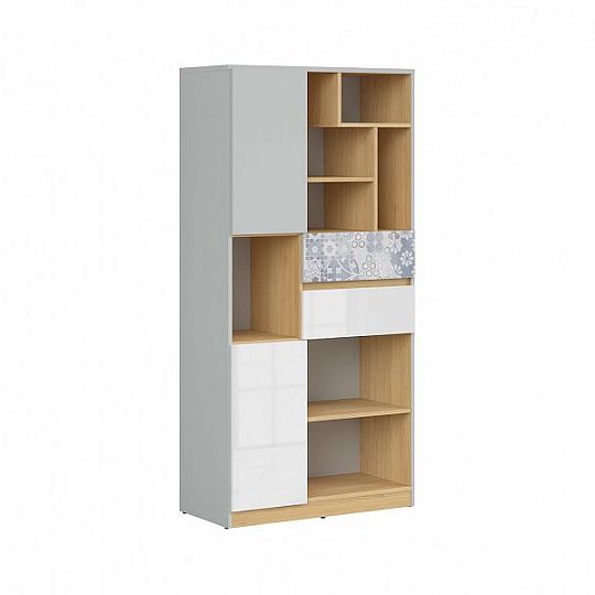 NANDU Regál REG2D2S, šedá/dub polský/bílý lesk/arabeska