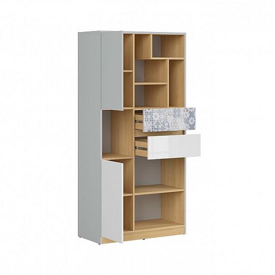 NANDU Regál REG2D2S, šedá/dub polský/bílý lesk/arabeska