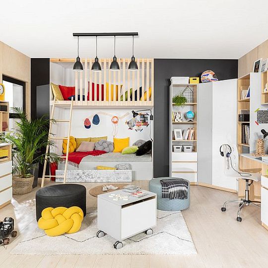 NANDU Regál REG2D2S, šedá/dub polský/bílý lesk/arabeska