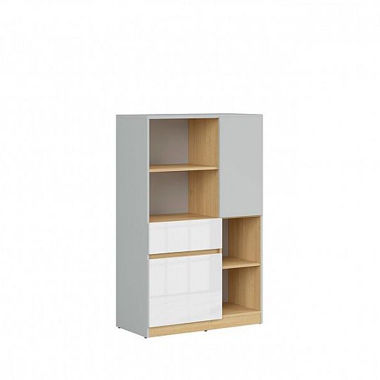 Nandu Komoda KOM2D1S, šedá/dub polský/bílý lesk