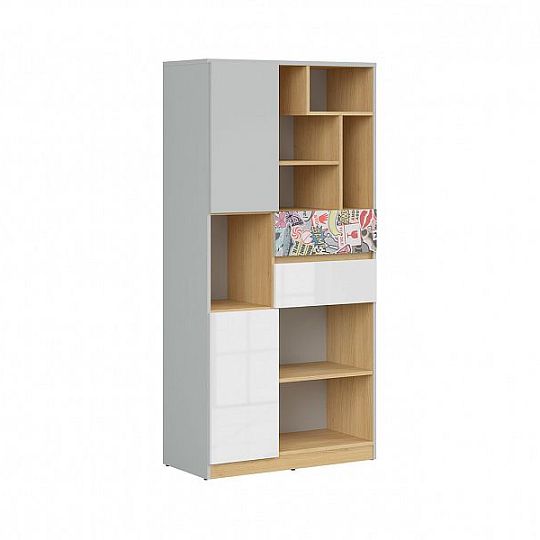 NANDU Regál REG2D2S, šedá/dub polský/bílý lesk/nálepka