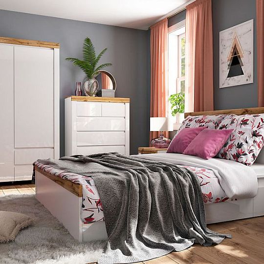 HOLTEN postel 160 cm, bílá/dub woltan/bílý lesk