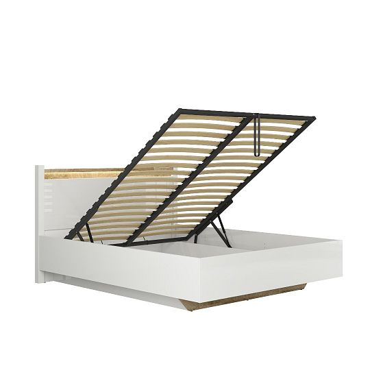 ALAMEDA postel 140 cm, úložný prostor a rošt, bílý lesk/dub westminster