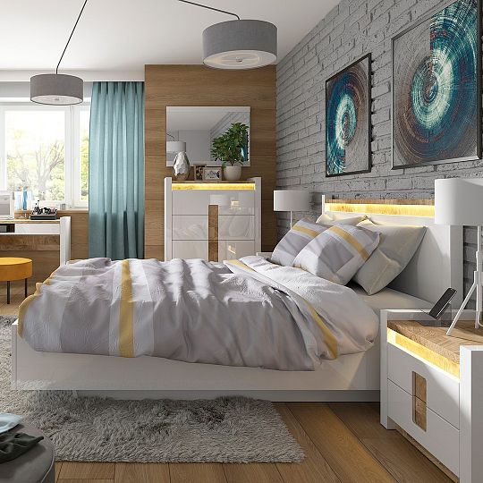 ALAMEDA postel 140 cm, úložný prostor a rošt, bílý lesk/dub westminster