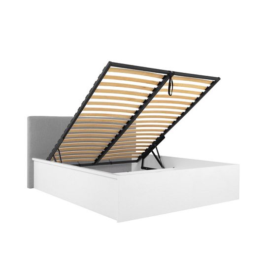 TETRIX postel s čalouněným čelem 140 cm, úložný prostor a rošt, bílý lesk/šedá