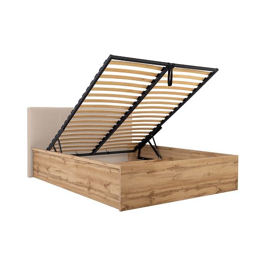 TETRIX postel s čalouněným čelem 140 cm, úložný prostor a rošt, dub wotan/béžová