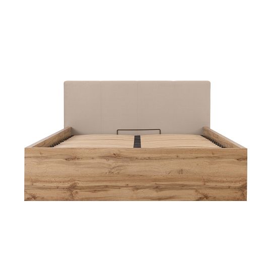 TETRIX postel s čalouněným čelem 140 cm, úložný prostor a rošt, dub wotan/béžová