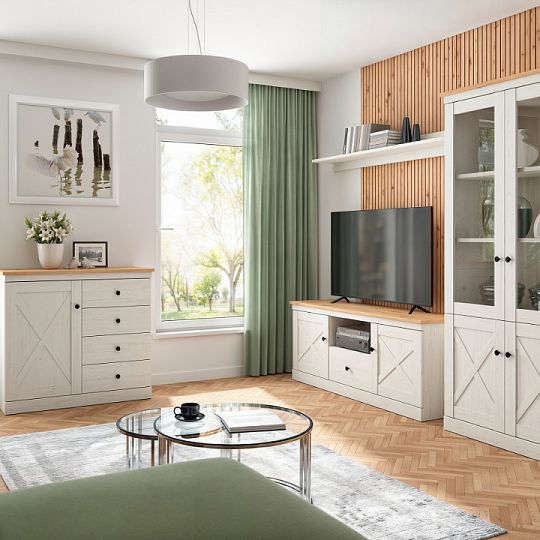 FRIJA vitrína REG2W2D, borovice bílá andersen/dub artisan