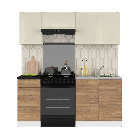 Kuchyň JUNONA 180 cm, bez pracovní desky, bílá/vanilka lesk/modřín sibiu zlatý