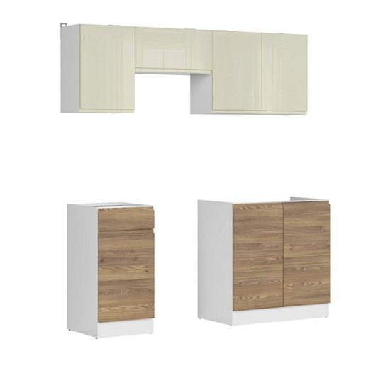 Kuchyň JUNONA 180 cm, bez pracovní desky, bílá/vanilka lesk/modřín sibiu zlatý