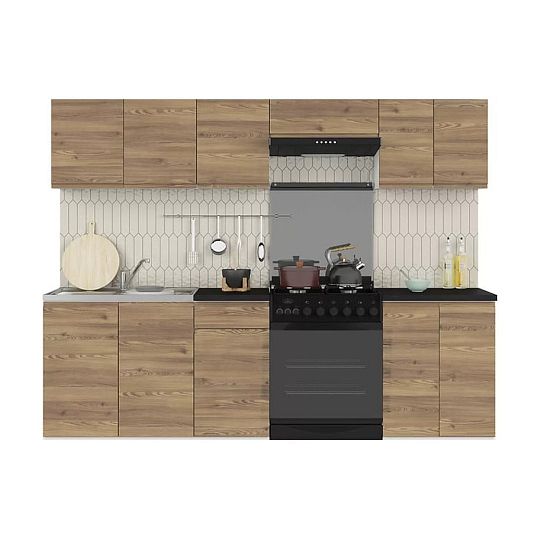 Kuchyň JUNONA 240 cm, bez pracovní desky, bílá/modřín sibiu zlatý