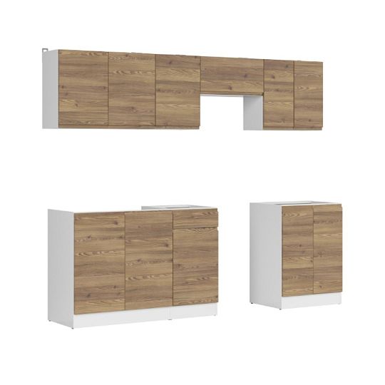 Kuchyň JUNONA 240 cm, bez pracovní desky, bílá/modřín sibiu zlatý