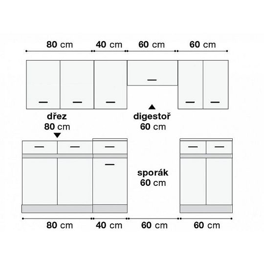 Kuchyň JUNONA 240 cm, bez pracovní desky, bílá/modřín sibiu zlatý