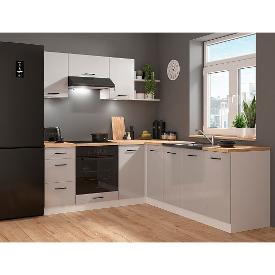 Rohová kuchyň Junona 4, levá, 200x220 cm, bez pracovní desky, bílá/šedý lesk