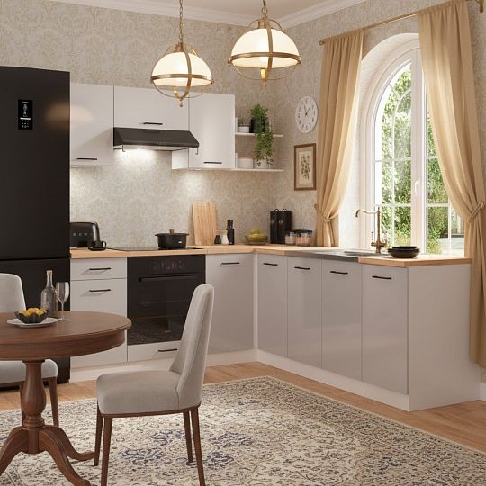 Rohová kuchyň Junona 4, levá, 200x220 cm, bez pracovní desky, bílá/šedý lesk