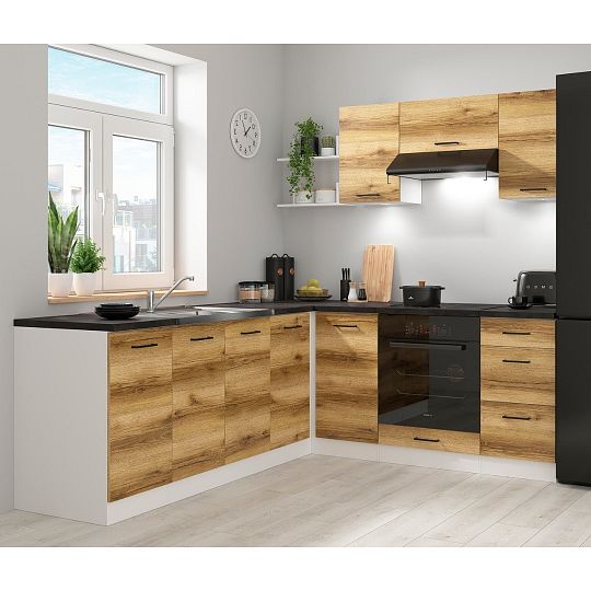 Rohová kuchyň Junona 4, univerzální, 200x220 cm, bez pracovní desky, bílá/dub delano světlý