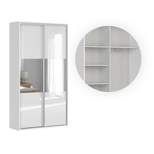 FLEX šatní skříň 120/1, bílá/bílý lesk/zrcadlo
