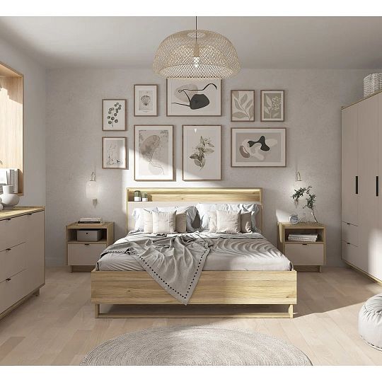 DALVA postel 160 cm + rošt a LED osvětlení, dub mauvella/kashmir