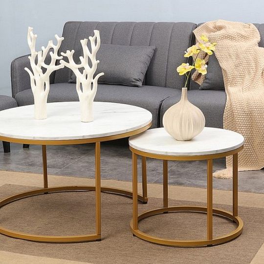 TRENDY DIEGO konferenční stolek, 2ks, bílá/zlatá