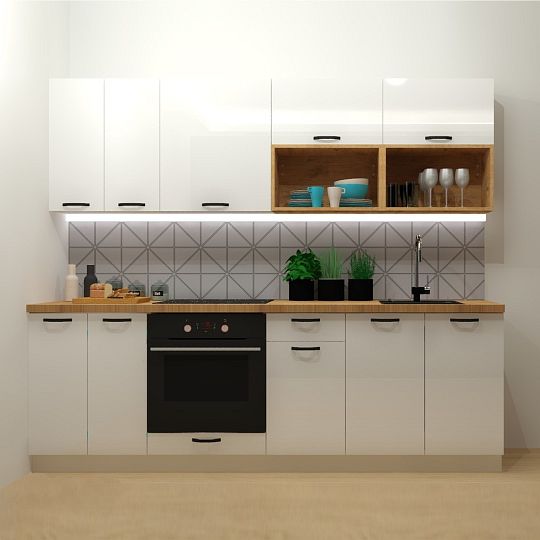 Kuchyň TOP LINE 240 cm, bez pracovní desky, bílá alpská/bílý lesk