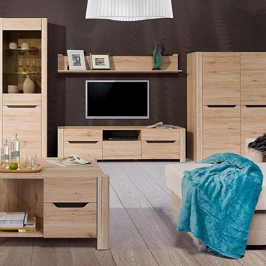 Desiré new 01 vitrína L/P, úzká/vysoká, dub san remo/hnědá