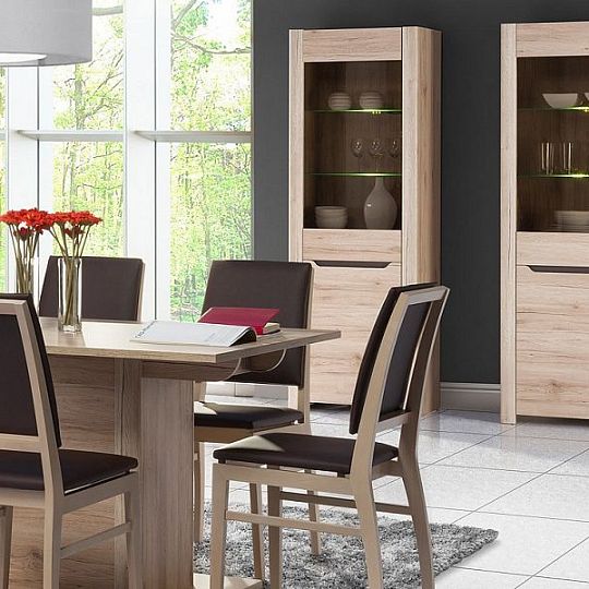 Desiré new 01 vitrína L/P, úzká/vysoká, dub san remo/hnědá