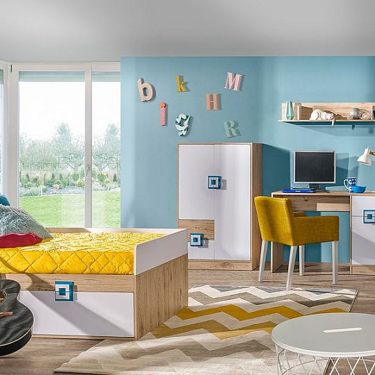 NIKOS 4 Skříň 80, bílá/dub jasný-úchytka tyrkys