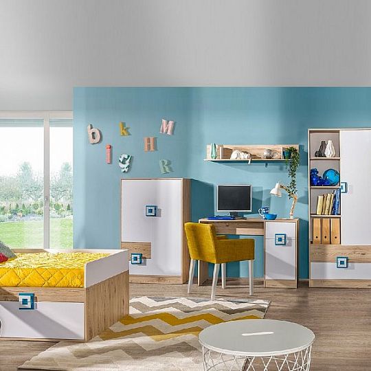 NIKOS 10 psací stůl, bílá/dub jasný - úchyt tyrkys