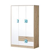 NIKOS 3 šatní skříň 120,  bílá/dub jasný- úchyt tyrkys