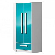 GOLIÁŠ 2 rohová šatní skříň, bílá/tyrkysová - úchyt bílá