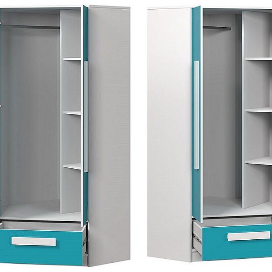 GOLIÁŠ 2 rohová šatní skříň, bílá/tyrkysová - úchyt bílá