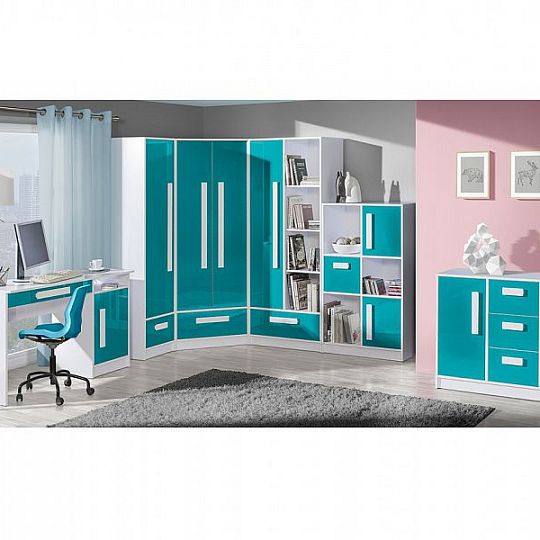 GOLIÁŠ 2 rohová šatní skříň, bílá/tyrkysová - úchyt bílá