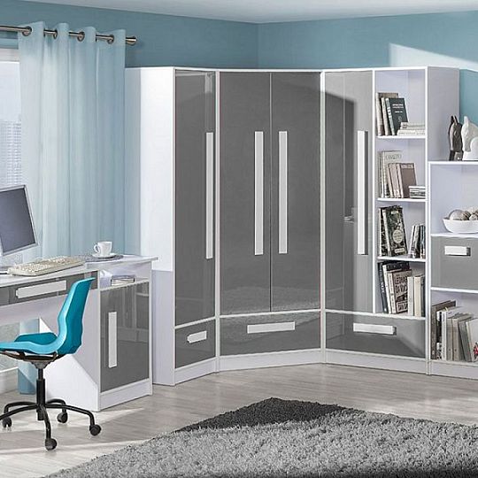 GOLIÁŠ 2 rohová šatní skříň, bílá/šedá - úchyt bílá