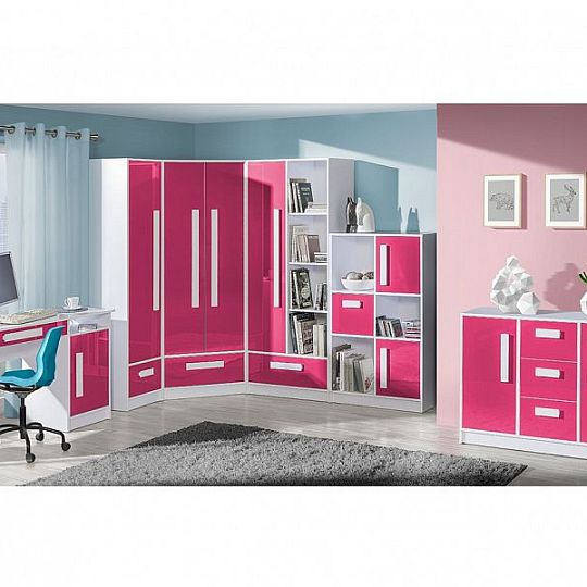 GOLIÁŠ 2 rohová šatní skříň, bílá/růžová - úchyt bílá