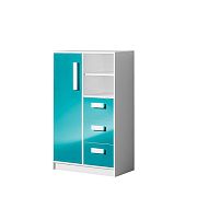 GOLIÁŠ 5  Komoda  vysoká, bílá/tyrkys - úchyt bílá