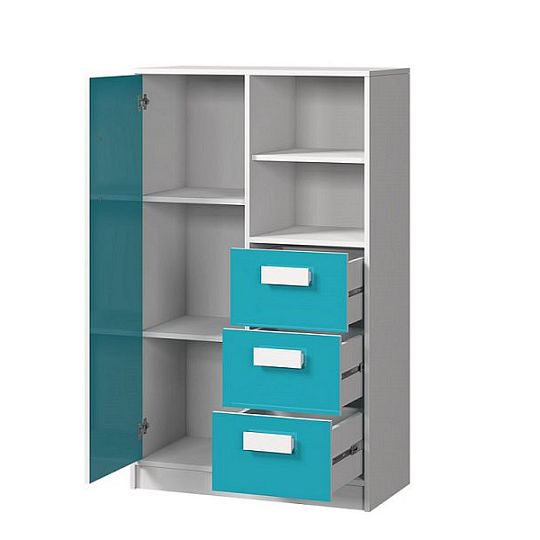 GOLIÁŠ 5  Komoda  vysoká, bílá/tyrkys - úchyt bílá