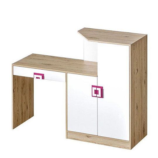 NIKOS 11 psací stůl, bílá/dub jasný - úchyt růžová