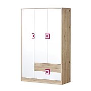 NIKOS 3 šatní skříň 120, bílá/dub jasný - úchyt růžová