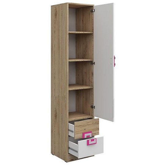 NIKOS 5 regál 40 vysoký plný, bílá/dub jasný - úchyt růžová