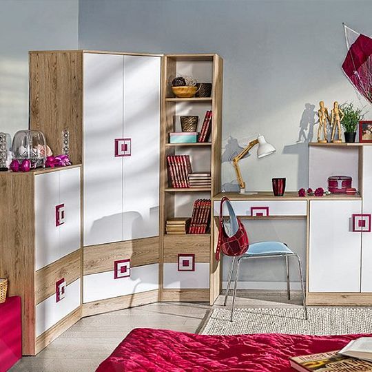 NIKOS 5 regál 40 vysoký plný, bílá/dub jasný - úchyt růžová