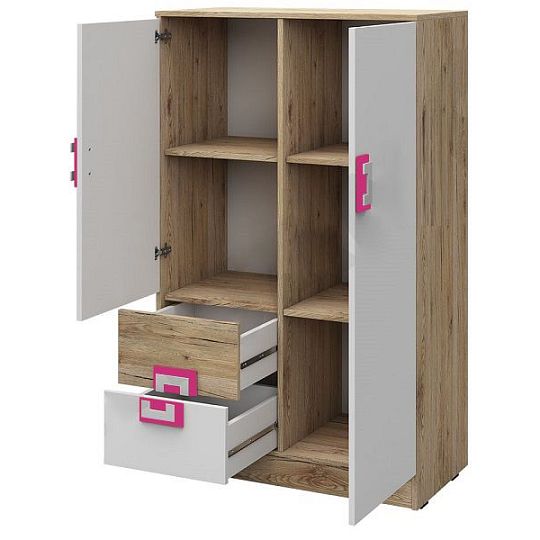 NIKOS 7 komoda 80 vysoká, bílá/dub jasný - úchyt růžová