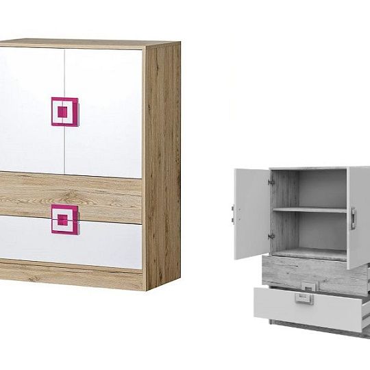 NIKOS 9 Komoda 80, bílá/dub jasný - úchytka růžová