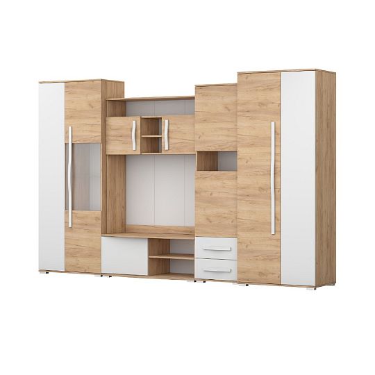 LORETA obývací stěna, dub zlatý/bílý lesk