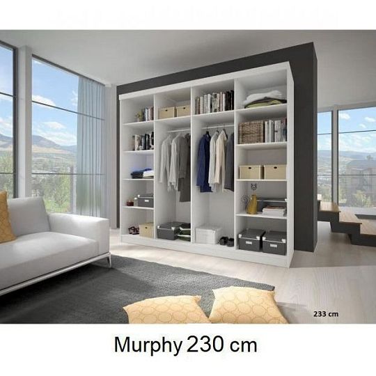 MURPHY 35 šatní skříň 230, bílá/bílý pololesk/ zrcadlo